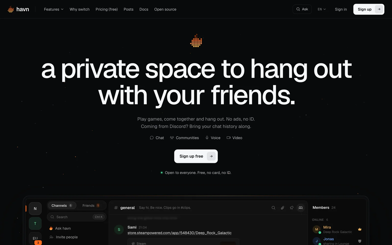 The havn.gg homepage: a private space to hang out with your friends.